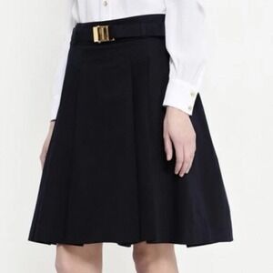 Michael Kors Black Pleated A-line Skirt Midi Knee Length Gold Buckle Belted 10